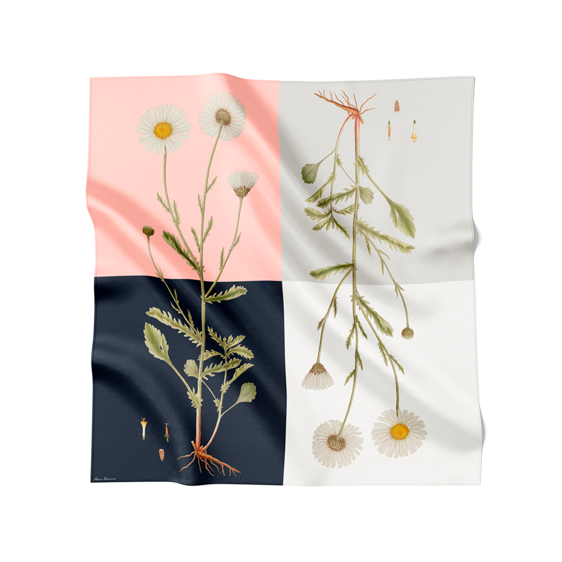 Flora Danica Denmark Four Square Daisy Double silketørklæde 90 Large dobbeltsided scarf Four Square Daisy Pink, Navy, Gray, off-white