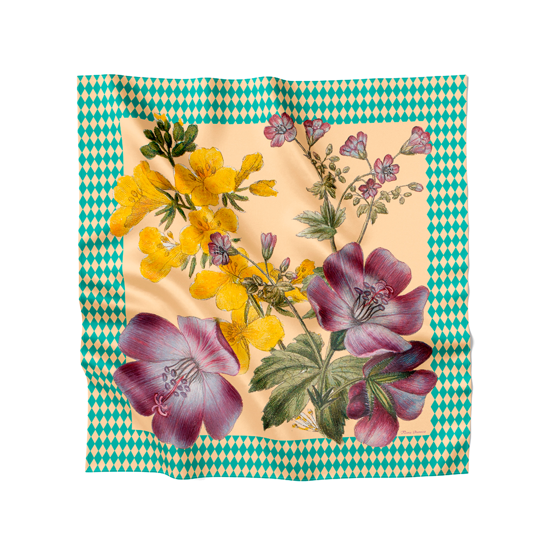 Flora Danica Denmark Harlequin Flower silketørklæde Small scarf Harlequin Flower turquoise/Yellow