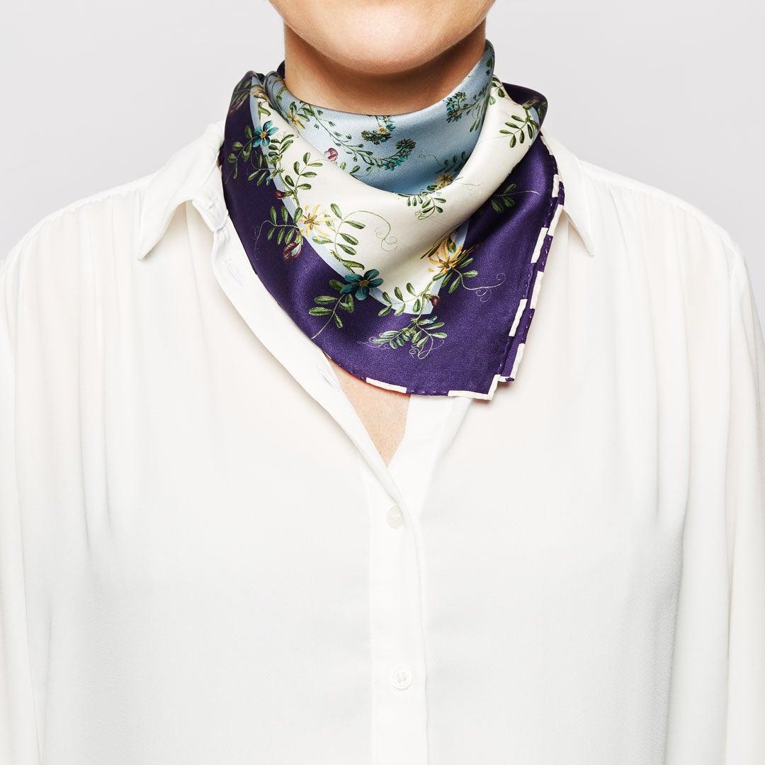Flora Danica Denmark Purple Flower Dot Checker silketørklæde Small scarf Purple Flower Dot Checker